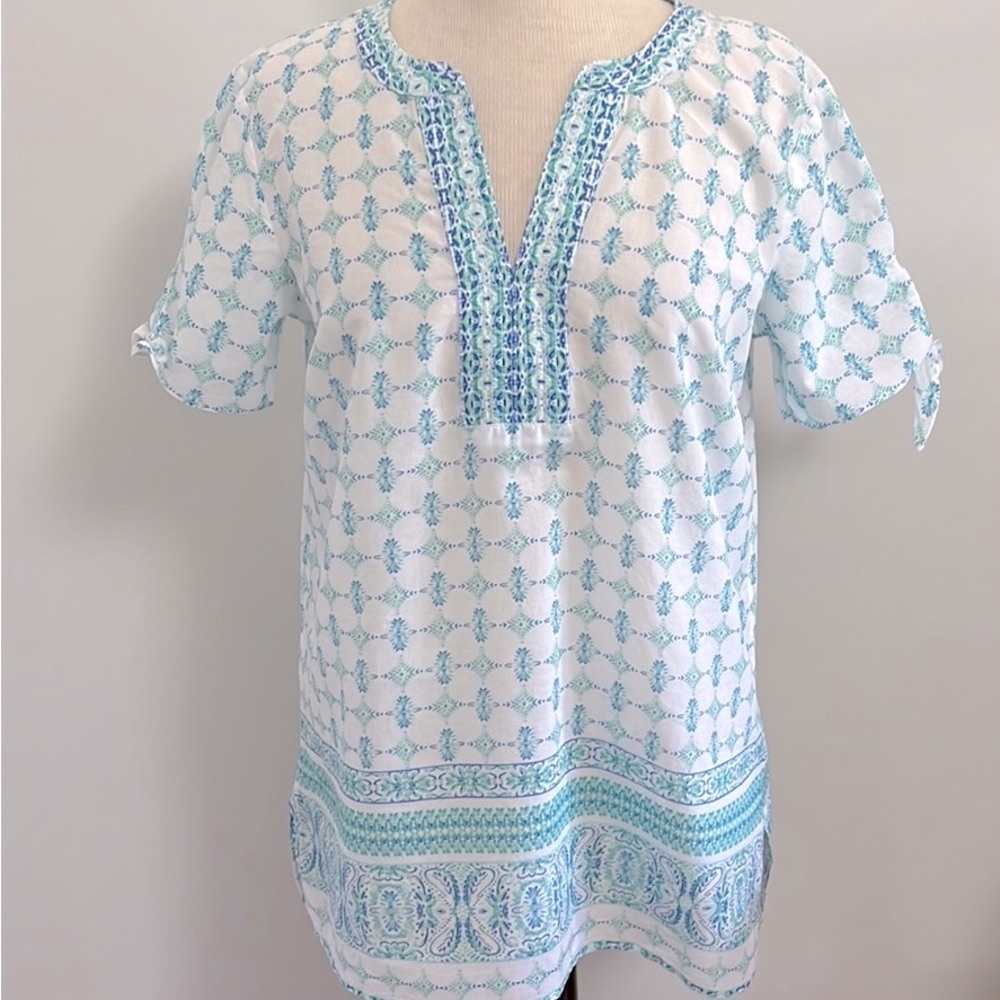 Talbots Split Neck Short Tie Sleeve Cotton Popover Top